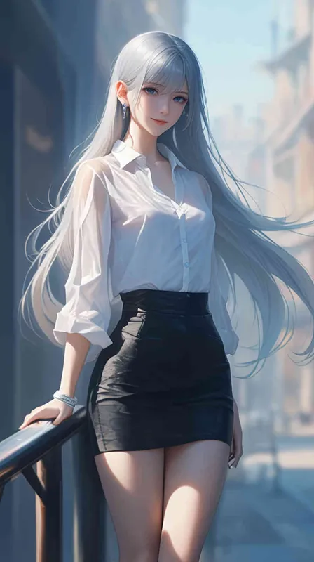 一位微笑的美丽中国女孩，留着浅蓝色的长发，穿着白色的扣紧衣领的衬衫，穿着黑色短裙，站在街道，大长腿有动漫的风格。这是一部真人照片杰作。8k,高清。 - style3部分