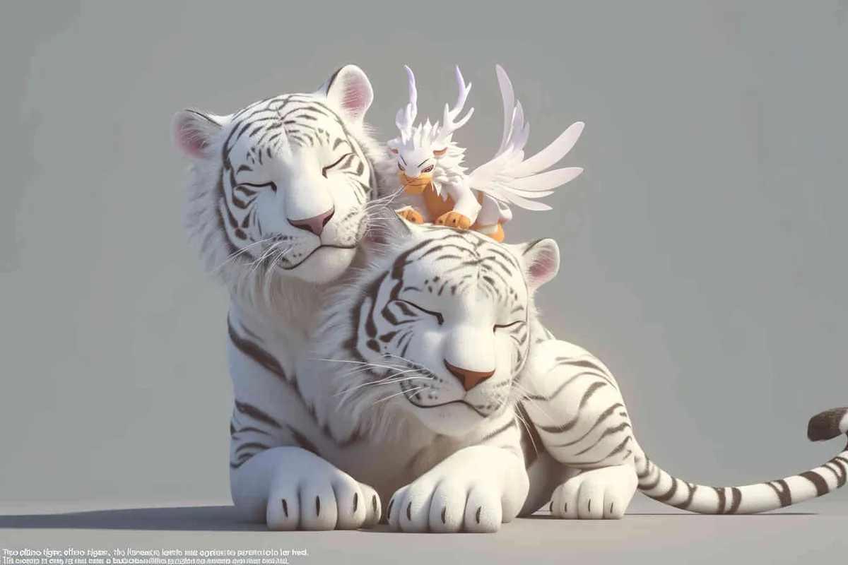 Two white tigers, the female tiger stands up and leans against the male tiger, with a white little dragon on her head，white background, natural light, 3D, C4D, Blender, OC renderer - style2部分