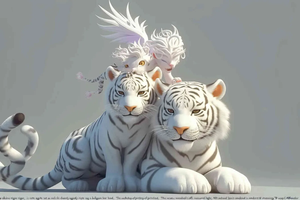 Two white tigers, the female tiger stands up and leans against the male tiger, with a white little dragon on her head，white background, natural light, 3D, C4D, Blender, OC renderer - style3部分