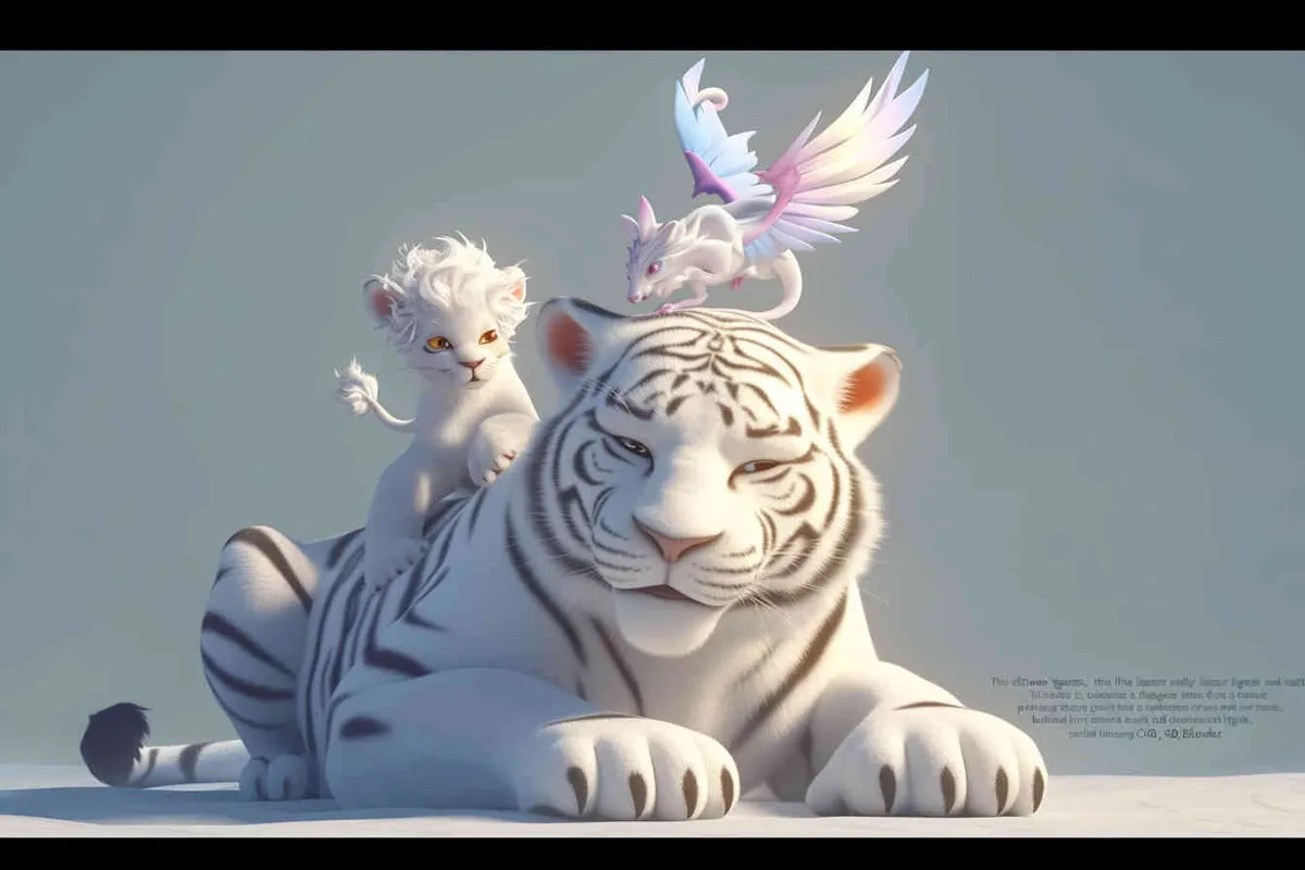 Two white tigers, the female tiger stands up and leans against the male tiger, with a white little dragon on her head，white background, natural light, 3D, C4D, Blender, OC renderer - style4部分