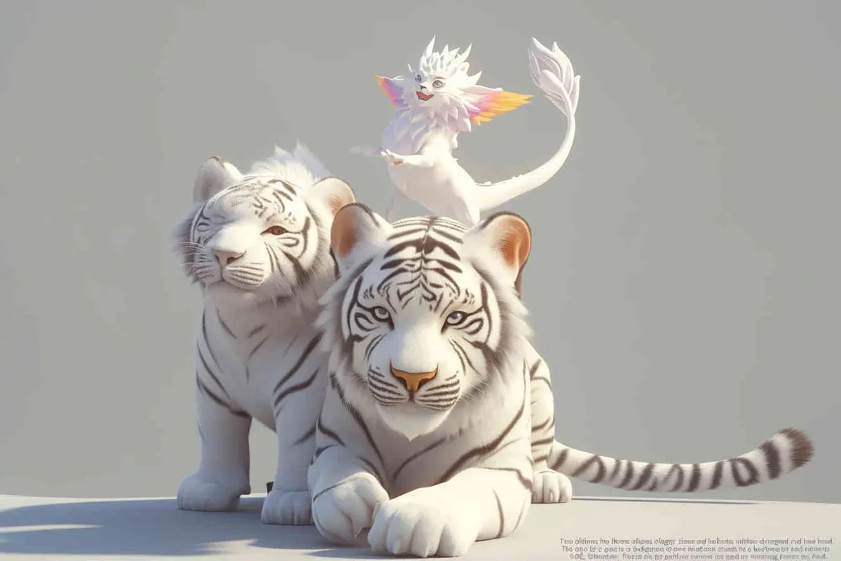 Two white tigers, the female tiger stands up and leans against the male tiger, with a white little dragon on her head，white background, natural light, 3D, C4D, Blender, OC renderer - style1部分