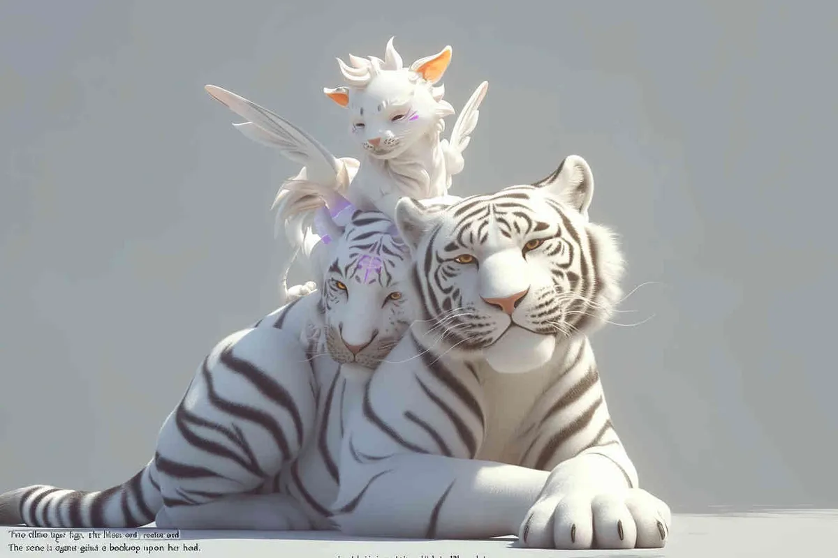 Two white tigers, the female tiger stands up and leans against the male tiger, with a white little dragon on her head，white background, natural light, 3D, C4D, Blender, OC renderer - style2部分