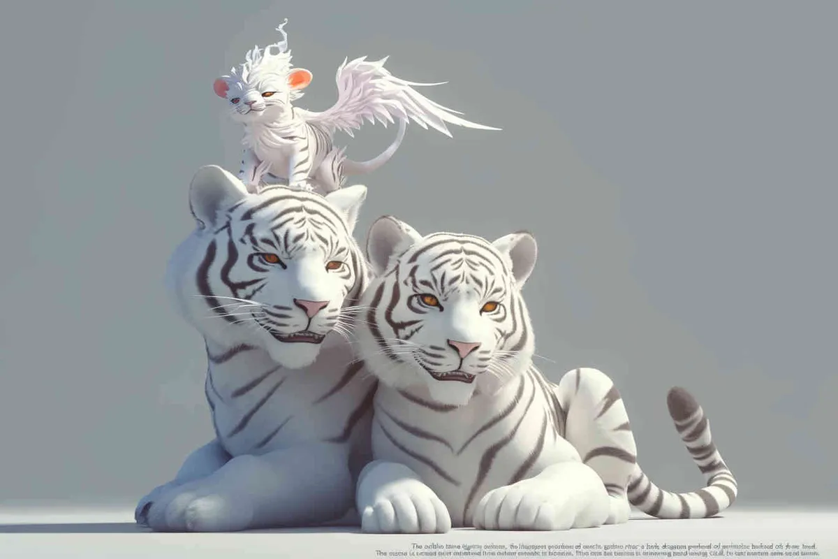 Two white tigers, the female tiger stands up and leans against the male tiger, with a white little dragon on her head，white background, natural light, 3D, C4D, Blender, OC renderer - style3部分