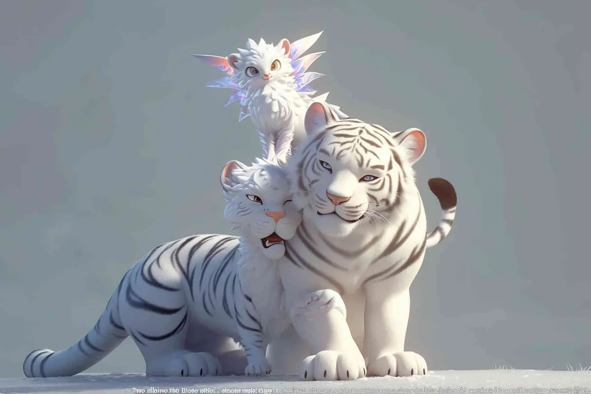 Two white tigers, the female tiger stands up and leans against the male tiger, with a white little dragon on her head，white background, natural light, 3D, C4D, Blender, OC renderer - style4部分