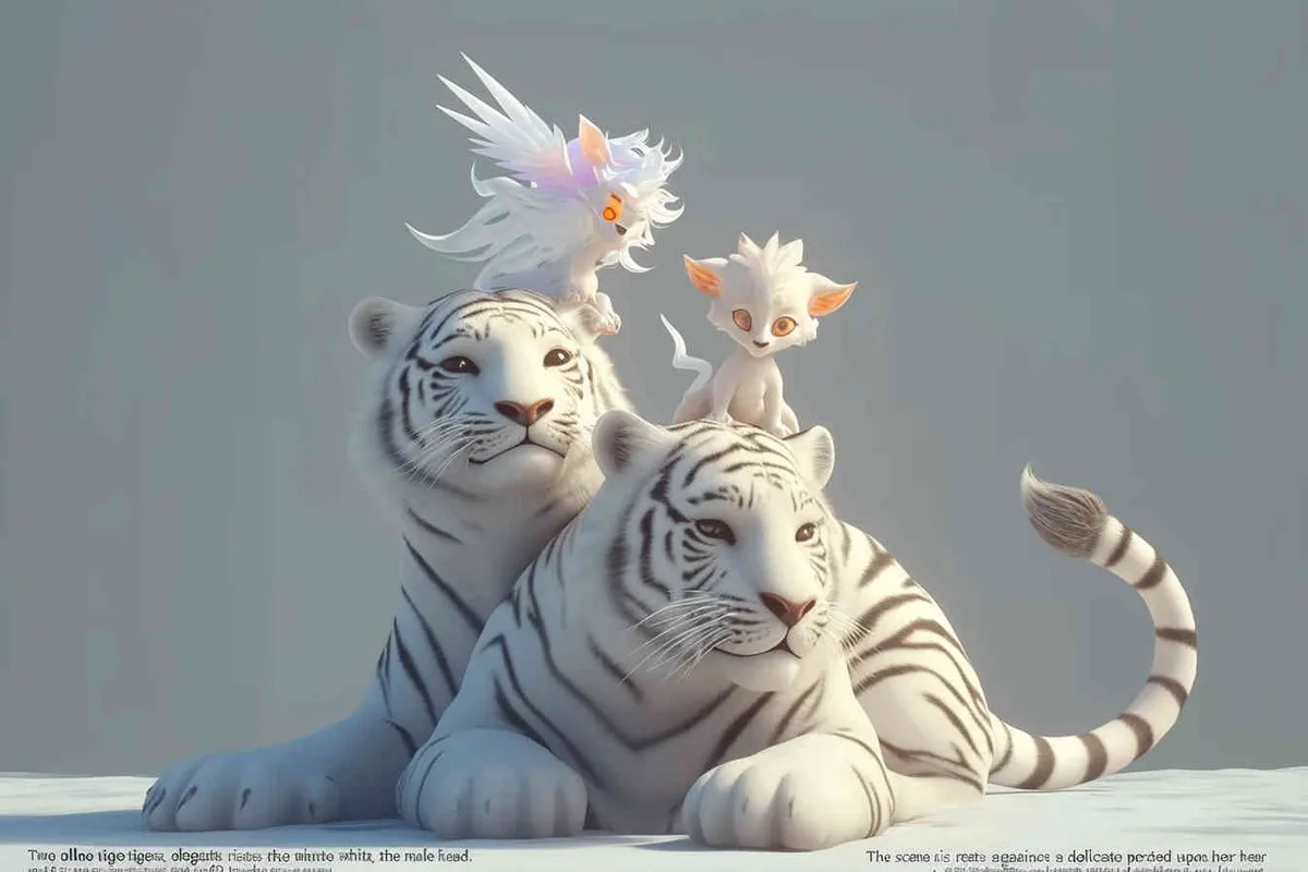 Two white tigers, the female tiger stands up and leans against the male tiger, with a white little dragon on her head，white background, natural light, 3D, C4D, Blender, OC renderer - style1部分
