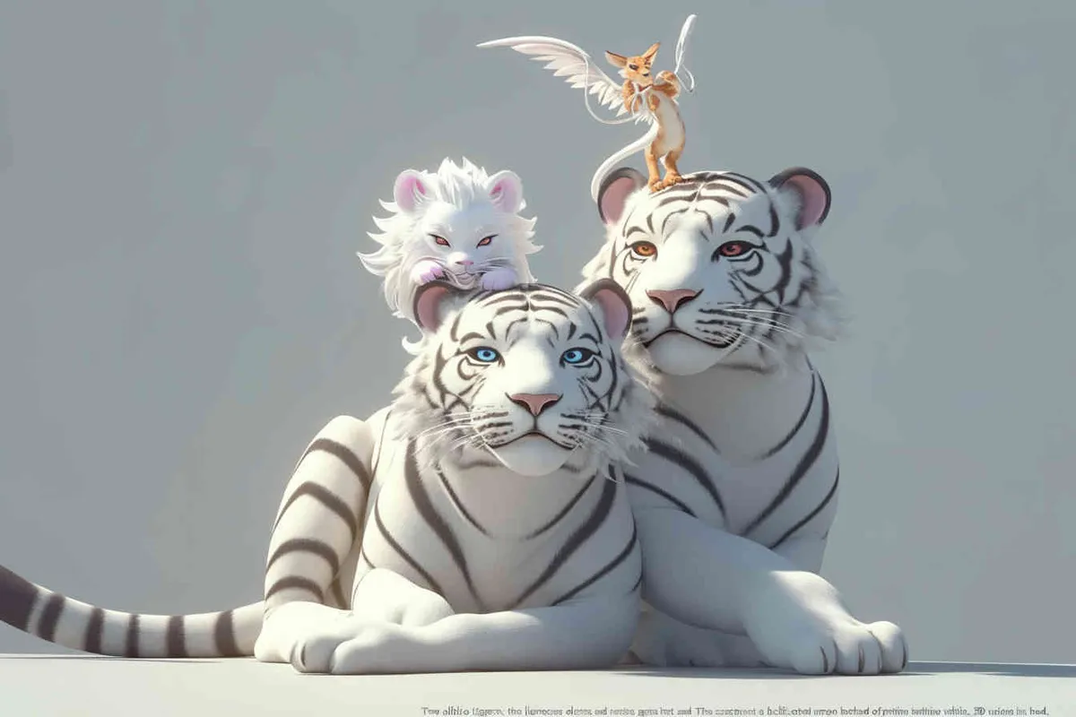 Two white tigers, the female tiger stands up and leans against the male tiger, with a white little dragon on her head，white background, natural light, 3D, C4D, Blender, OC renderer - style2部分