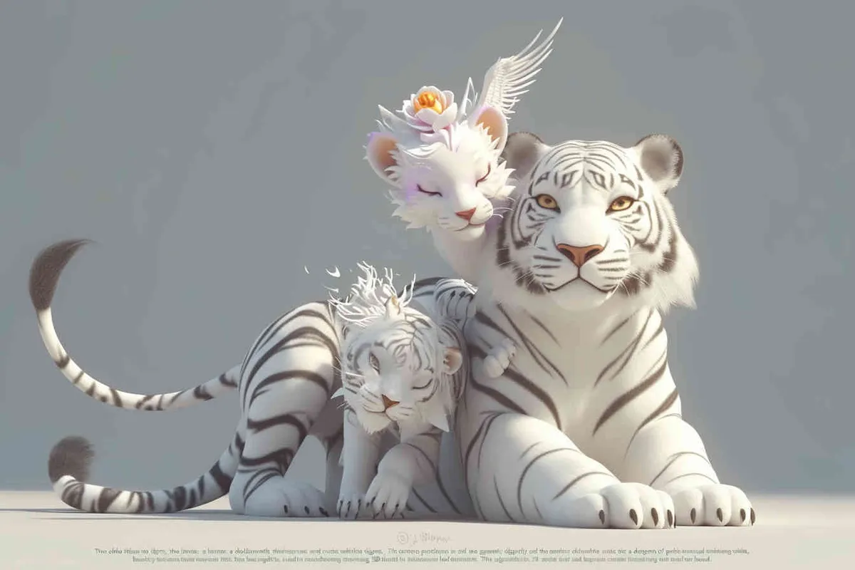 Two white tigers, the female tiger stands up and leans against the male tiger, with a white little dragon on her head，white background, natural light, 3D, C4D, Blender, OC renderer - style3部分