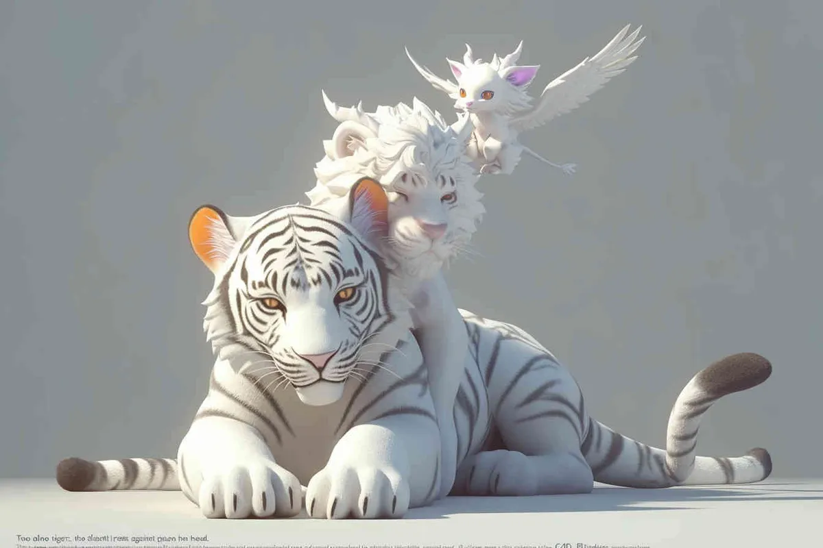 Two white tigers, the female tiger stands up and leans against the male tiger, with a white little dragon on her head，white background, natural light, 3D, C4D, Blender, OC renderer - style4部分