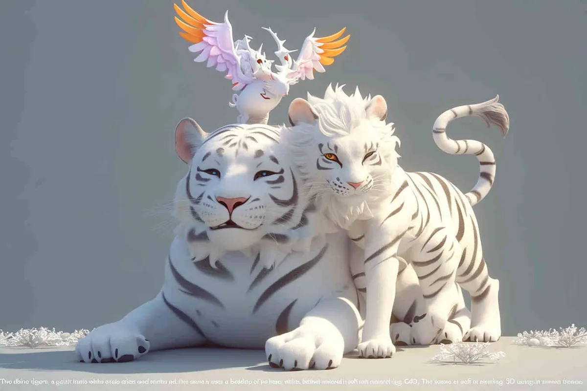 Two white tigers, the female tiger stands up and leans against the male tiger, with a white little dragon on her head，white background, natural light, 3D, C4D, Blender, OC renderer - style1部分