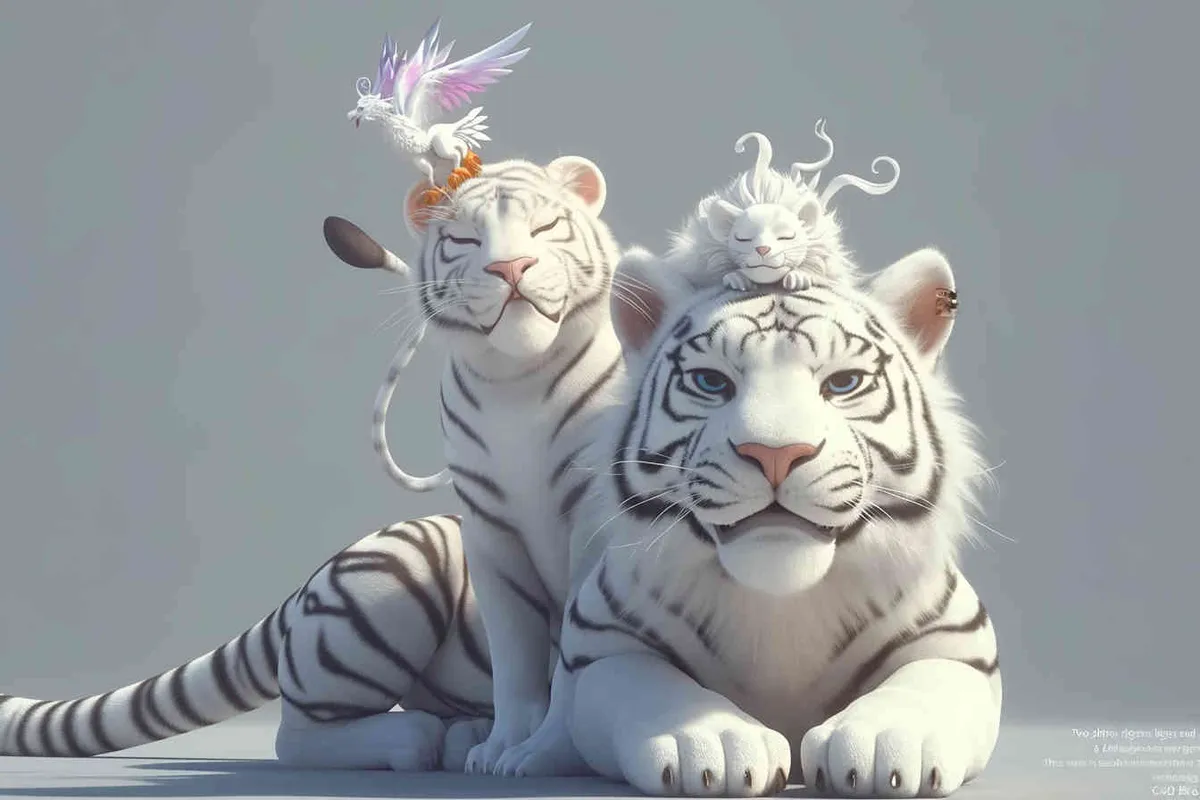 Two white tigers, the female tiger stands up and leans against the male tiger, with a white little dragon on her head，white background, natural light, 3D, C4D, Blender, OC renderer - style3部分