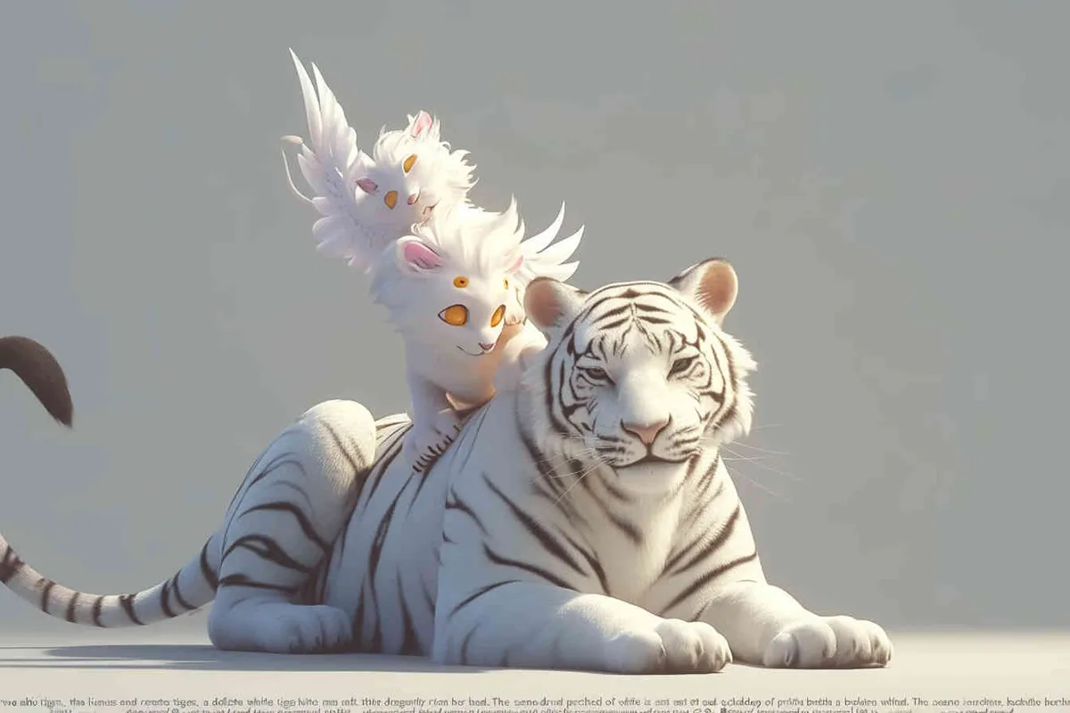 Two white tigers, the female tiger stands up and leans against the male tiger, with a white little dragon on her head，white background, natural light, 3D, C4D, Blender, OC renderer - style4部分