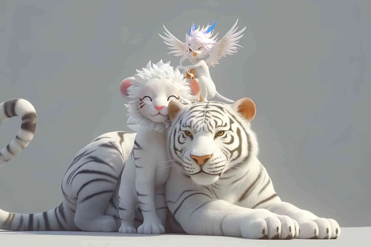 Two white tigers, the female tiger stands up and leans against the male tiger, with a white little dragon on her head，white background, natural light, 3D, C4D, Blender, OC renderer - style1部分