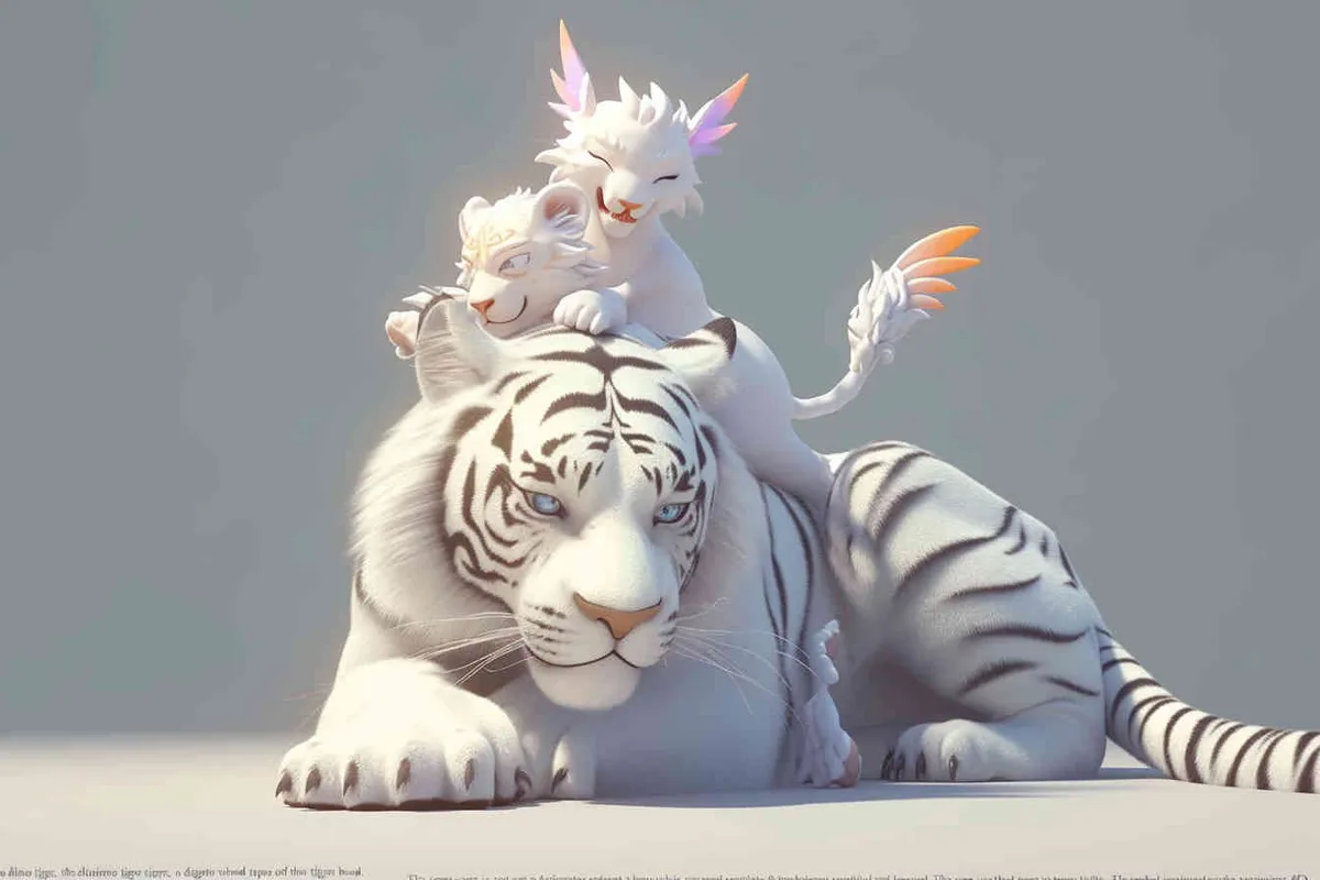 Two white tigers, the female tiger stands up and leans against the male tiger, with a white little dragon on her head，white background, natural light, 3D, C4D, Blender, OC renderer - style2部分