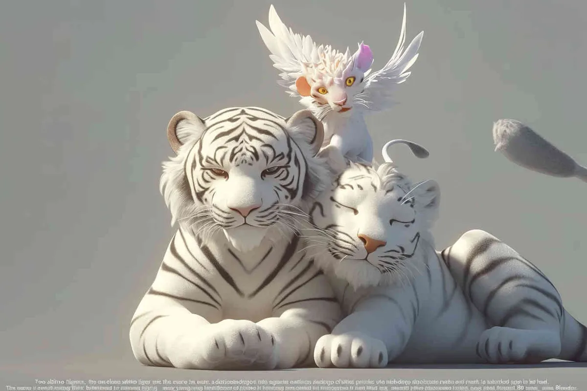 Two white tigers, the female tiger stands up and leans against the male tiger, with a white little dragon on her head，white background, natural light, 3D, C4D, Blender, OC renderer - style3部分