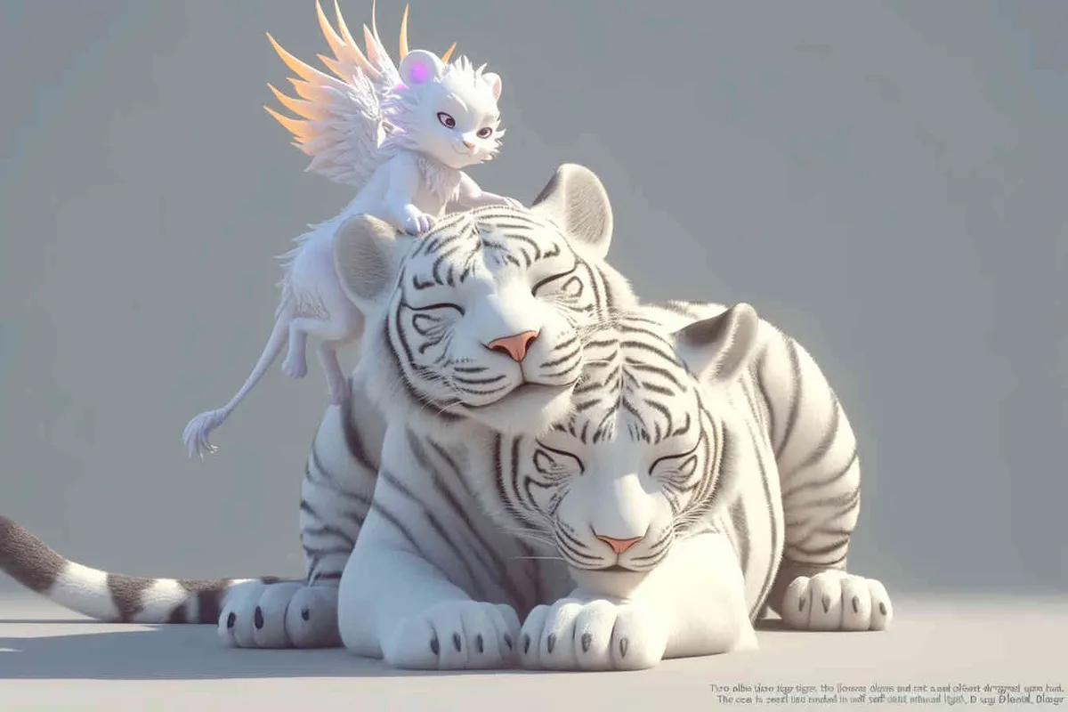 Two white tigers, the female tiger stands up and leans against the male tiger, with a white little dragon on her head，white background, natural light, 3D, C4D, Blender, OC renderer - style4部分