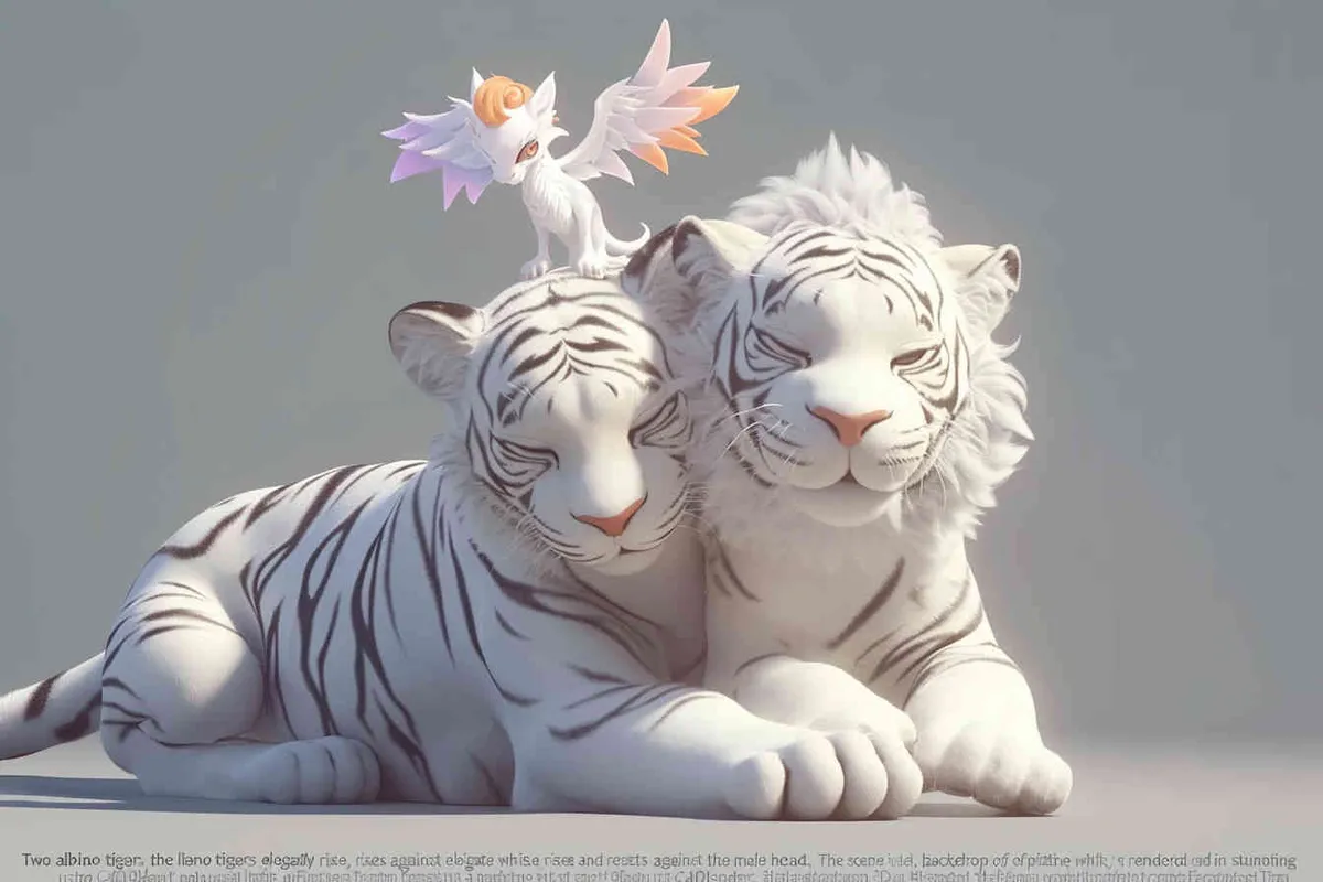 Two white tigers, the female tiger stands up and leans against the male tiger, with a white little dragon on her head，white background, natural light, 3D, C4D, Blender, OC renderer - style1部分
