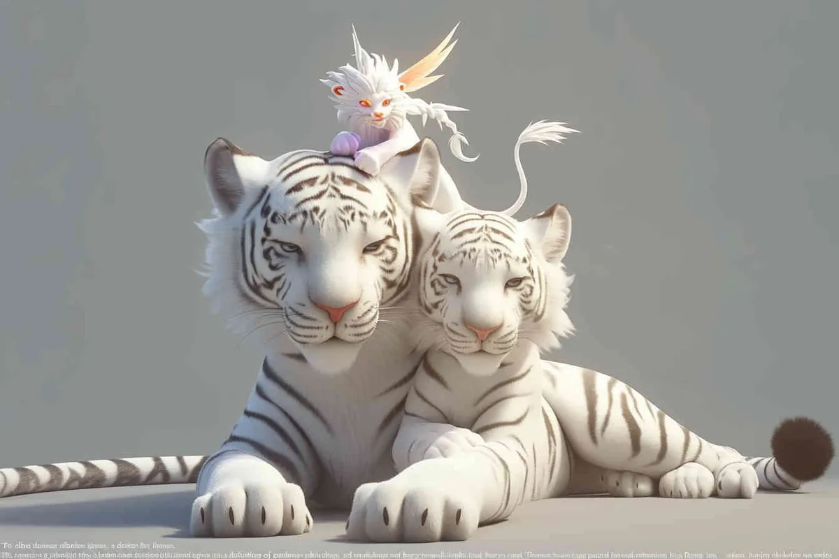 Two white tigers, the female tiger stands up and leans against the male tiger, with a white little dragon on her head，white background, natural light, 3D, C4D, Blender, OC renderer - style2部分