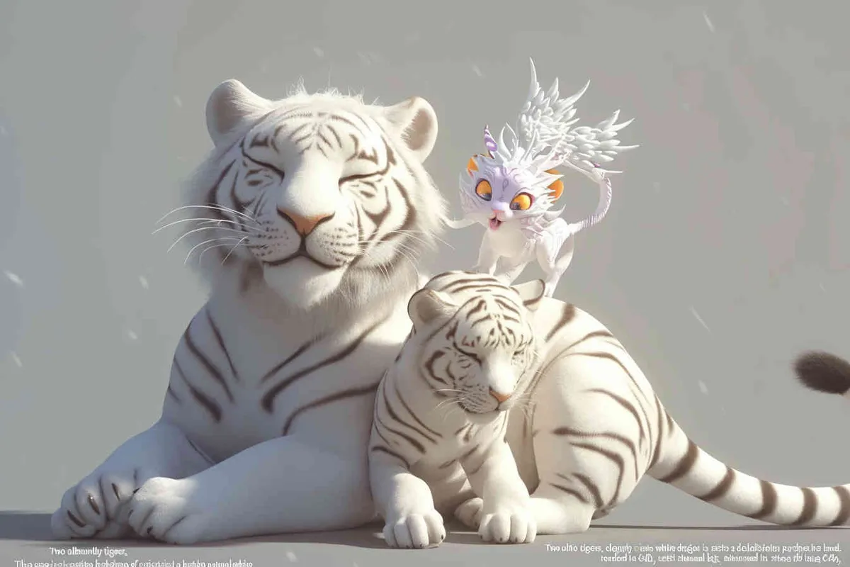 Two white tigers, the female tiger stands up and leans against the male tiger, with a white little dragon on her head，white background, natural light, 3D, C4D, Blender, OC renderer - style3部分