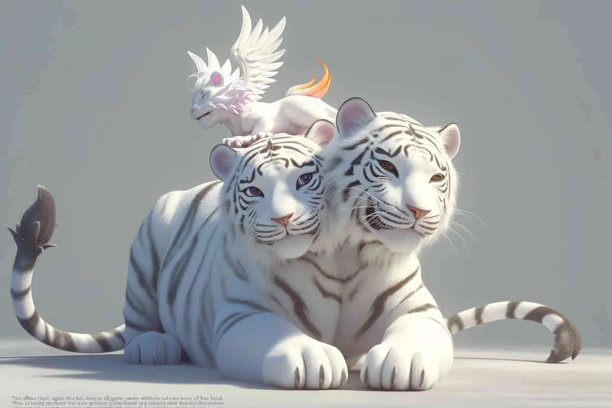 Two white tigers, the female tiger stands up and leans against the male tiger, with a white little dragon on her head，white background, natural light, 3D, C4D, Blender, OC renderer - style4部分