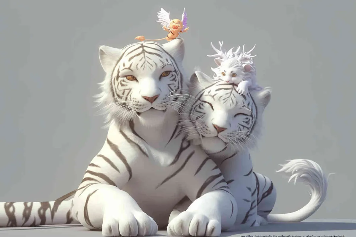 Two white tigers, the female tiger stands up and leans against the male tiger, with a white little dragon on her head，white background, natural light, 3D, C4D, Blender, OC renderer - style1部分