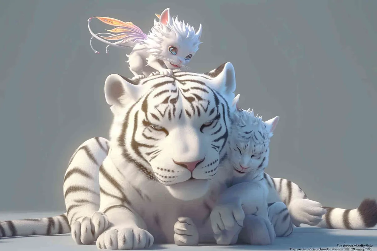 Two white tigers, the female tiger stands up and leans against the male tiger, with a white little dragon on her head，white background, natural light, 3D, C4D, Blender, OC renderer - style2部分