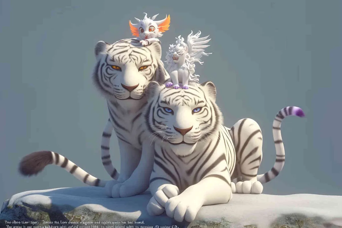 Two white tigers, the female tiger stands up and leans against the male tiger, with a white little dragon on her head，white background, natural light, 3D, C4D, Blender, OC renderer - style3部分