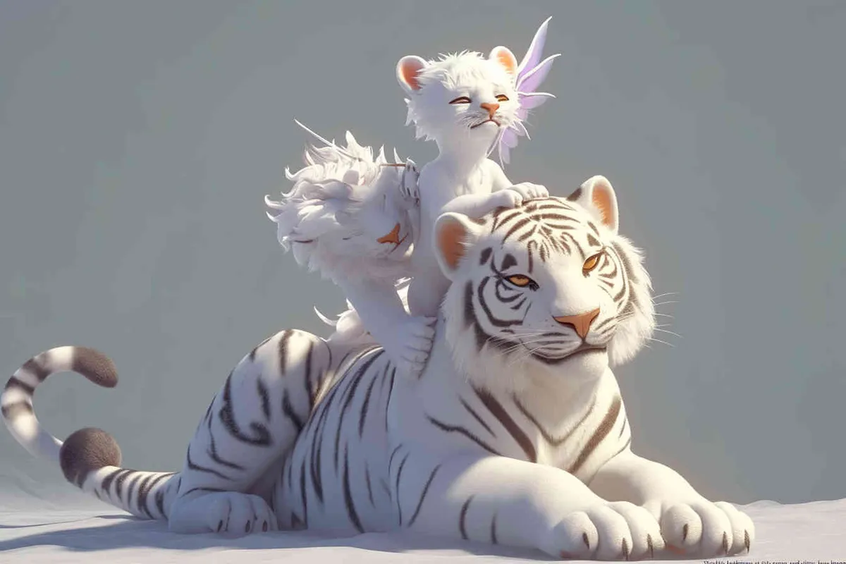 Two white tigers, the female tiger stands up and leans against the male tiger, with a white little dragon on her head，white background, natural light, 3D, C4D, Blender, OC renderer - style4部分