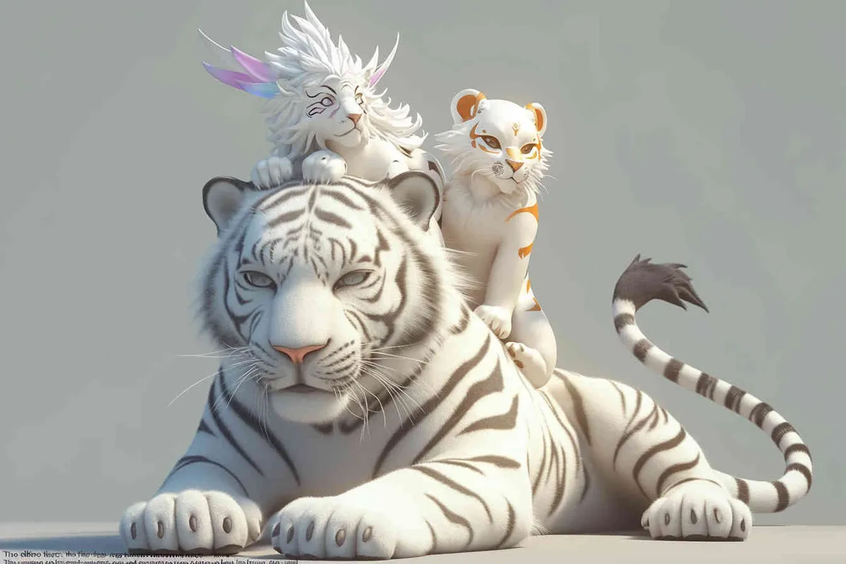 Two white tigers, the female tiger stands up and leans against the male tiger, with a white little dragon on her head，white background, natural light, 3D, C4D, Blender, OC renderer – AI绘画作品展示 | Midjourney中文版生成