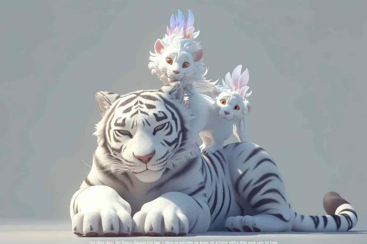 Two white tigers, the female tiger stands up and leans against the male tiger, with a white little dragon on her head，white background, natural light, 3D, C4D, Blender, OC renderer - style2部分