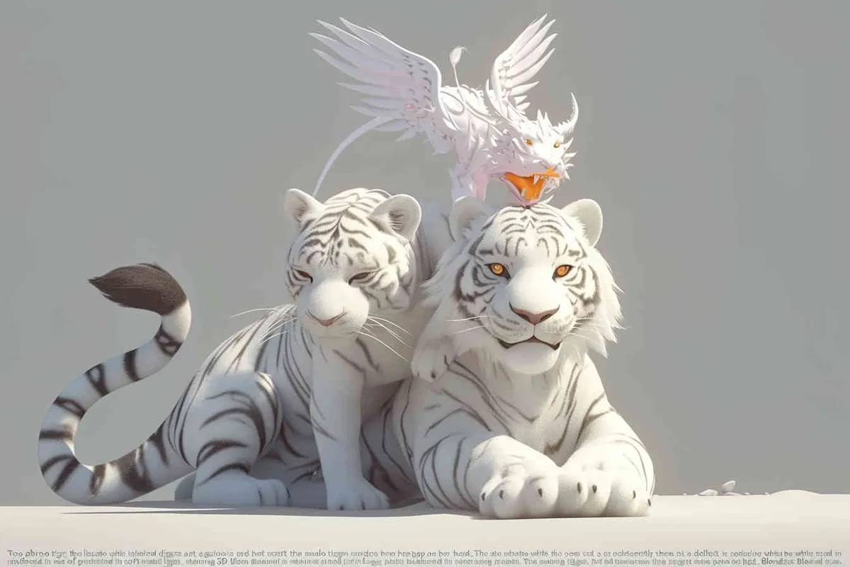 Two white tigers, the female tiger stands up and leans against the male tiger, with a white little dragon on her head，white background, natural light, 3D, C4D, Blender, OC renderer - style3部分