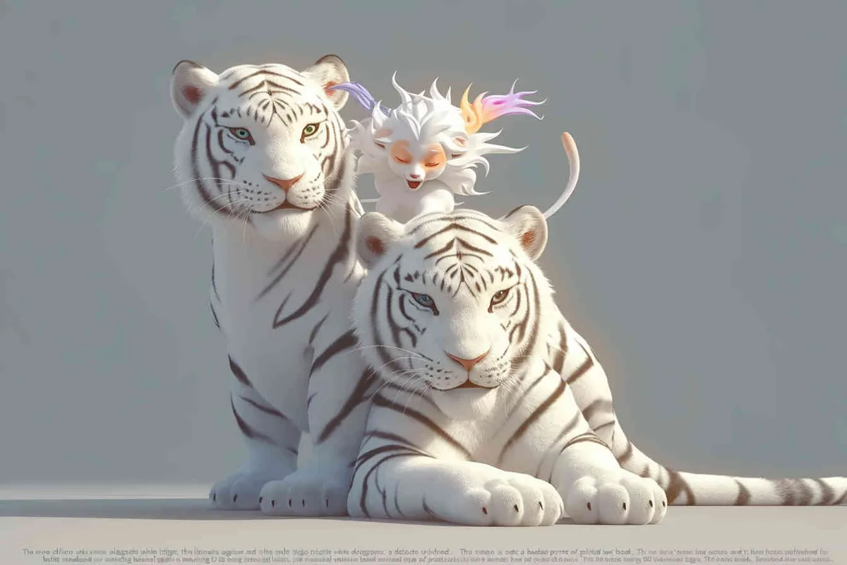 Two white tigers, the female tiger stands up and leans against the male tiger, with a white little dragon on her head，white background, natural light, 3D, C4D, Blender, OC renderer - style3部分
