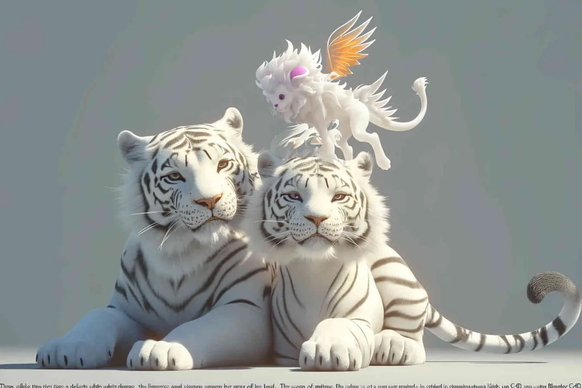 Two white tigers, the female tiger stands up and leans against the male tiger, with a white little dragon on her head，white background, natural light, 3D, C4D, Blender, OC renderer - style4部分