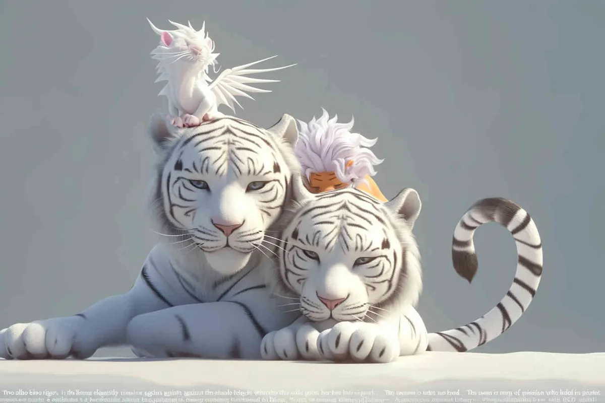 Two white tigers, the female tiger stands up and leans against the male tiger, with a white little dragon on her head，white background, natural light, 3D, C4D, Blender, OC renderer - style1部分