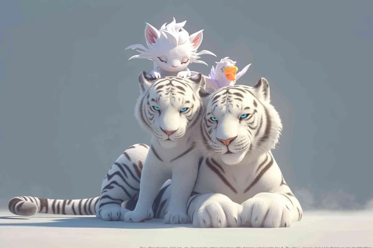 Two white tigers, the female tiger stands up and leans against the male tiger, with a white little dragon on her head，white background, natural light, 3D, C4D, Blender, OC renderer - style2部分