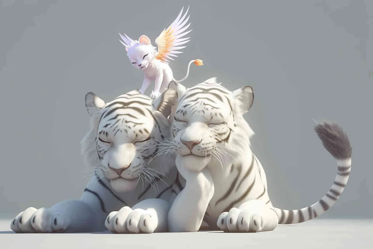 Two white tigers, the female tiger stands up and leans against the male tiger, with a white little dragon on her head，white background, natural light, 3D, C4D, Blender, OC renderer - style3部分
