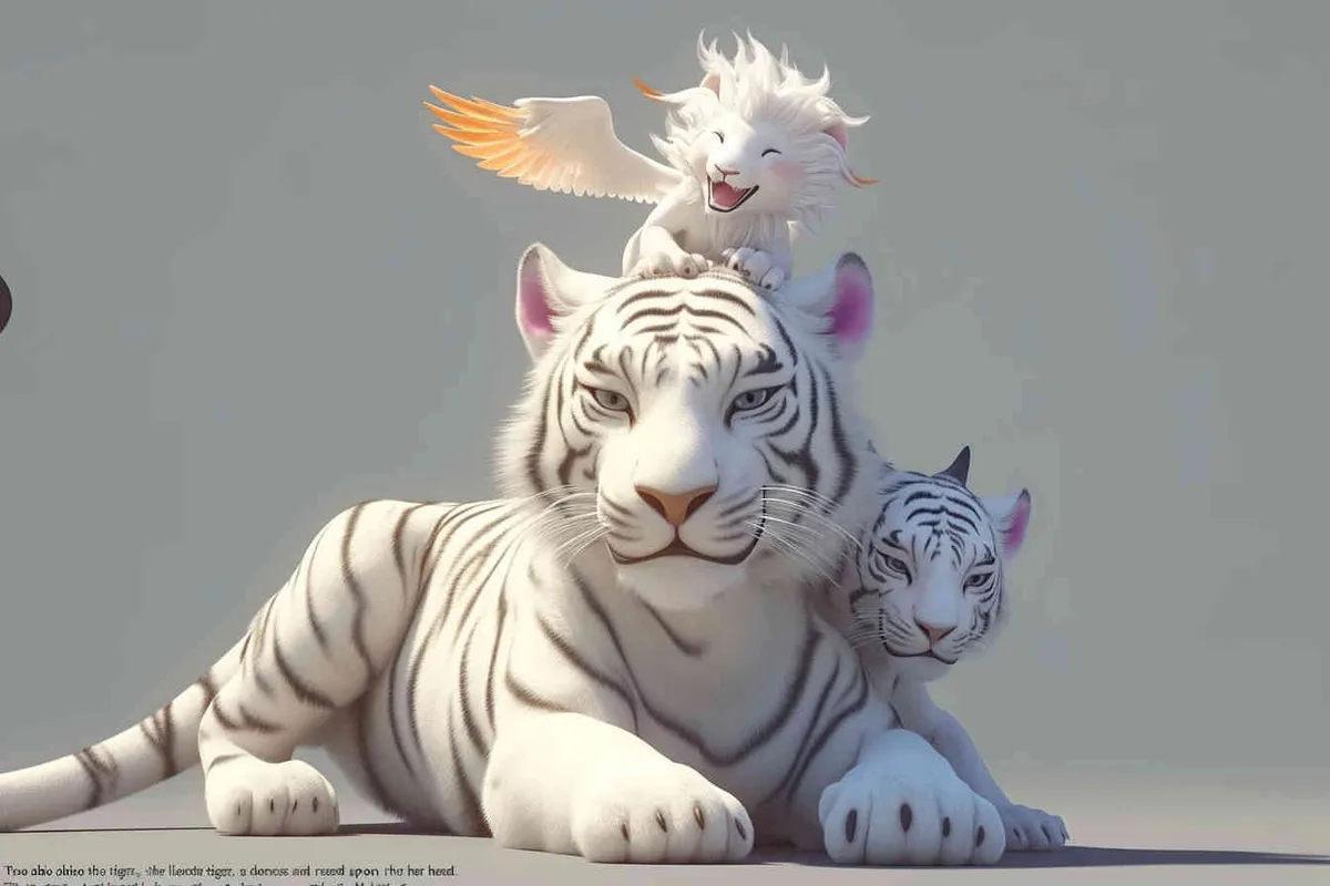 Two white tigers, the female tiger stands up and leans against the male tiger, with a white little dragon on her head，white background, natural light, 3D, C4D, Blender, OC renderer - style4部分