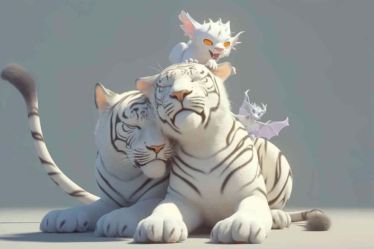 Two white tigers, the female tiger stands up and leans against the male tiger, with a white little dragon on her head，white background, natural light, 3D, C4D, Blender, OC renderer - style1部分