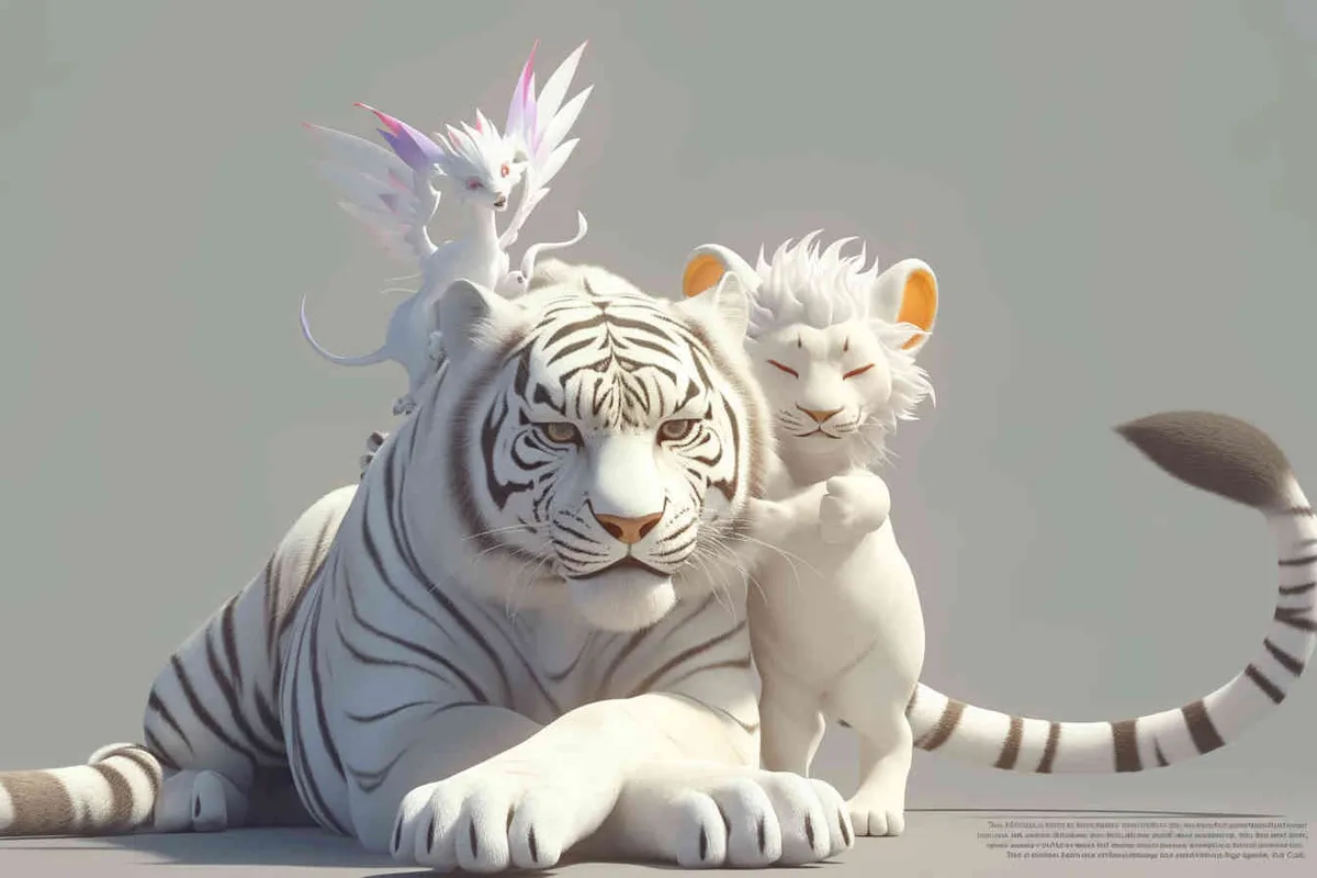 Two white tigers, the female tiger stands up and leans against the male tiger, with a white little dragon on her head，white background, natural light, 3D, C4D, Blender, OC renderer - style2部分