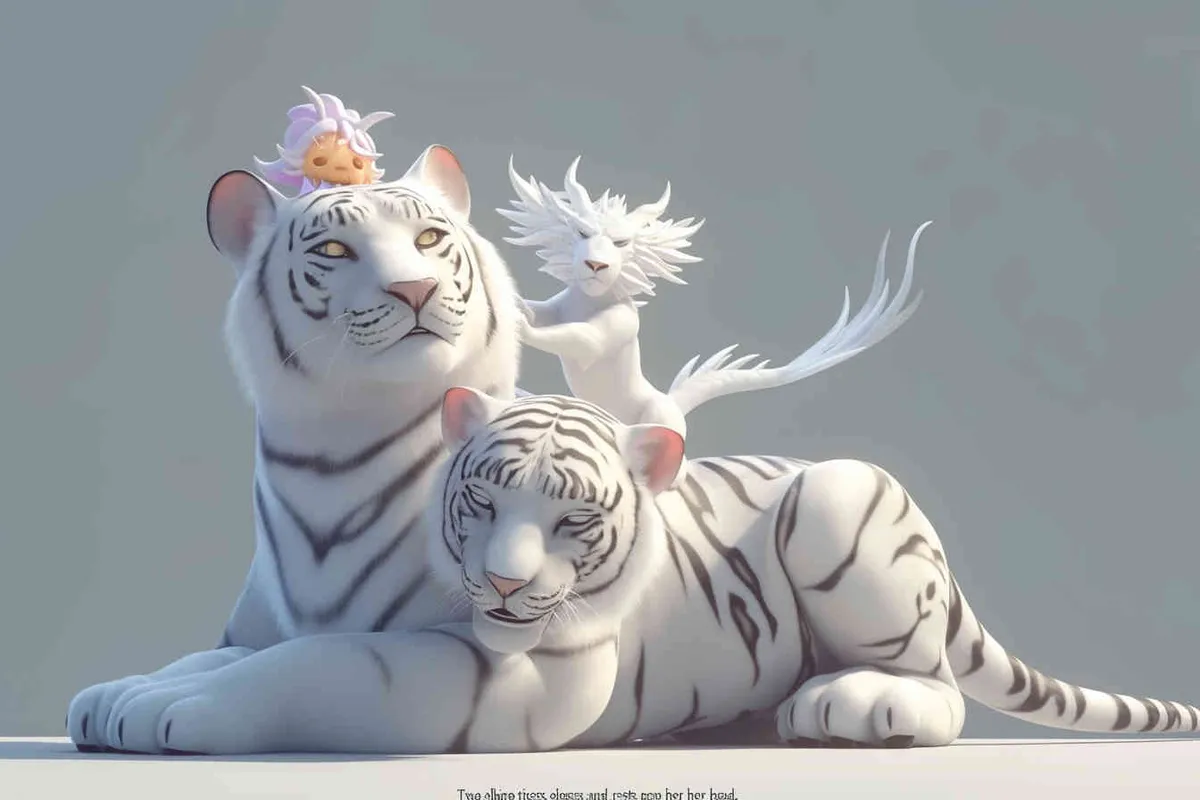 Two white tigers, the female tiger stands up and leans against the male tiger, with a white little dragon on her head，white background, natural light, 3D, C4D, Blender, OC renderer - style3部分