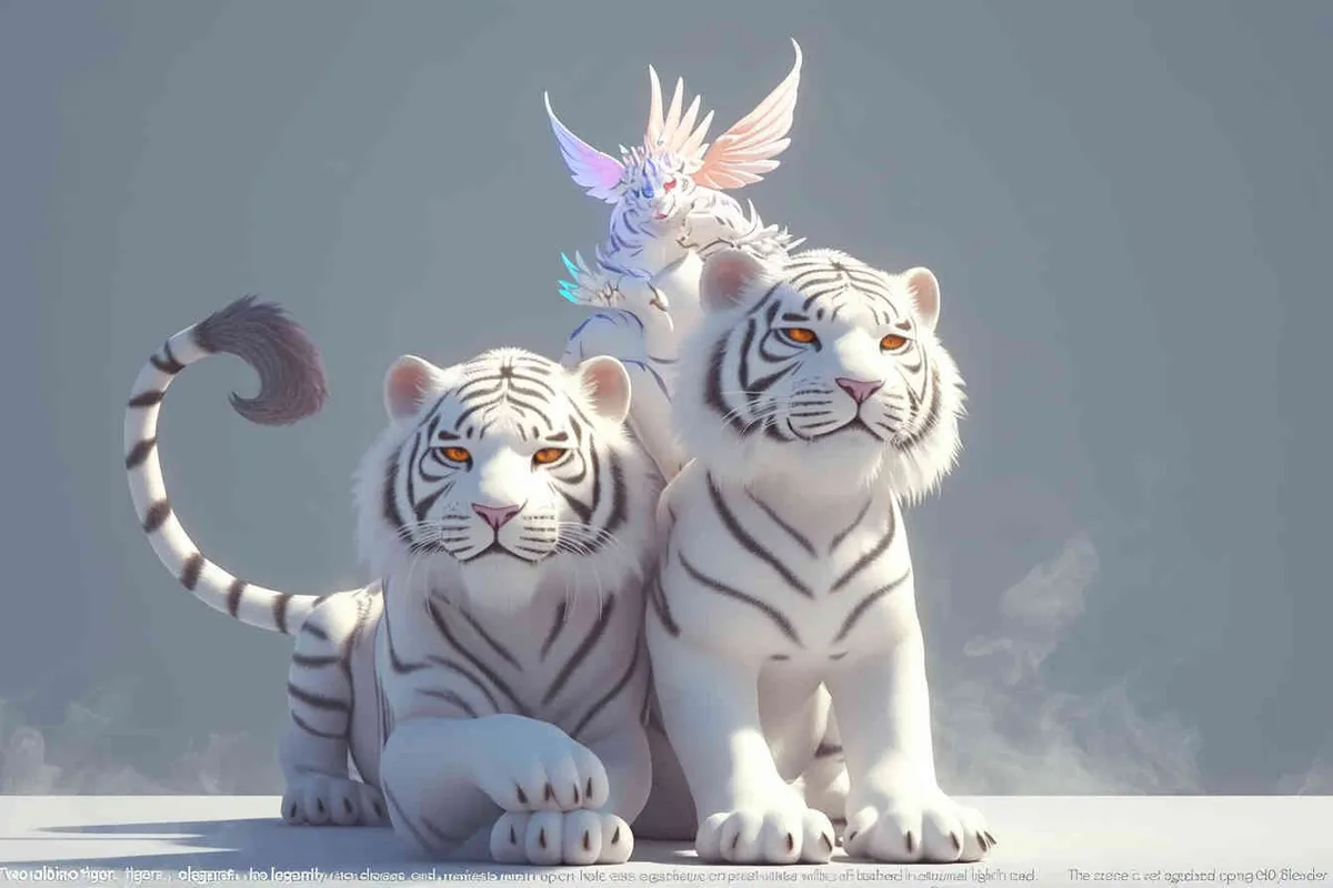 Two white tigers, the female tiger stands up and leans against the male tiger, with a white little dragon on her head，white background, natural light, 3D, C4D, Blender, OC renderer - style4部分