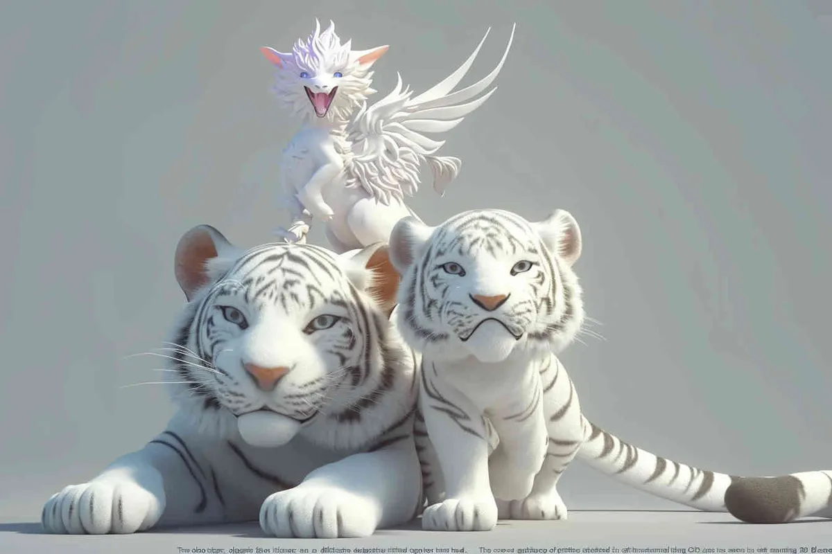 Two white tigers, the female tiger stands up and leans against the male tiger, with a white little dragon on her head，white background, natural light, 3D, C4D, Blender, OC renderer - style1部分