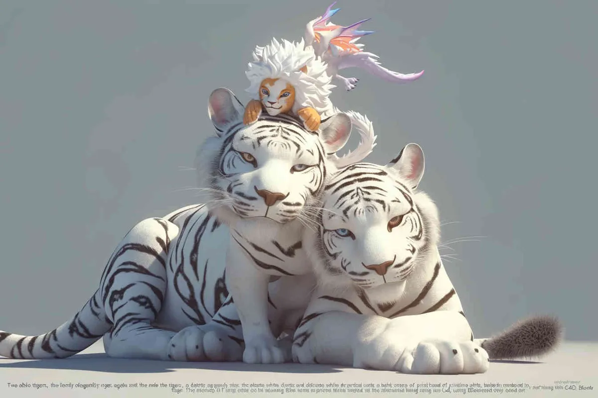 Two white tigers, the female tiger stands up and leans against the male tiger, with a white little dragon on her head，white background, natural light, 3D, C4D, Blender, OC renderer - style2部分