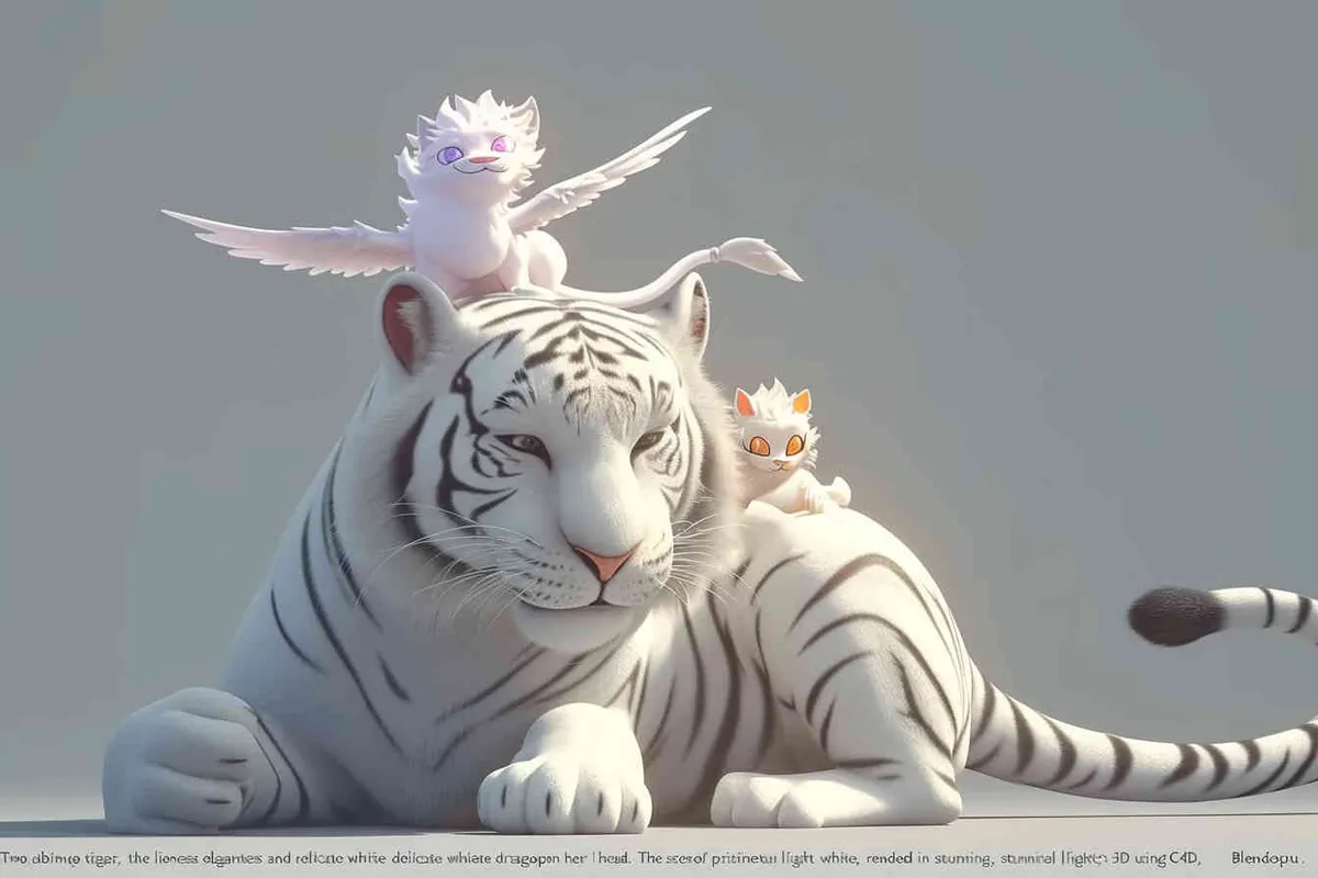 Two white tigers, the female tiger stands up and leans against the male tiger, with a white little dragon on her head，white background, natural light, 3D, C4D, Blender, OC renderer - style3部分