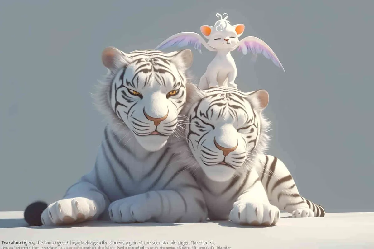 Two white tigers, the female tiger stands up and leans against the male tiger, with a white little dragon on her head，white background, natural light, 3D, C4D, Blender, OC renderer - style4部分