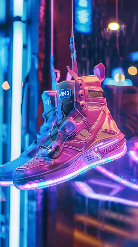 一双未来的球鞋,标志是“WIN3″要和鞋的整体设计自然融合,有一些机械的赛伯朋克风格,颜色要鲜艳多彩一些,看上去很时髦和未来感球鞋悬空在橱窗里,背景极简纯色 – AI绘画作品展示 | Midjourney中文版生成