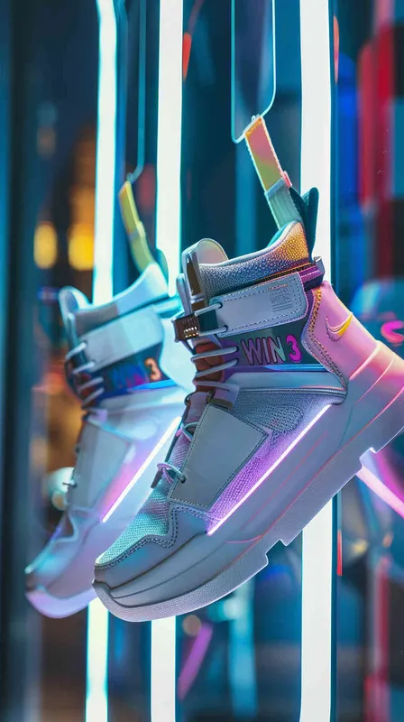 一双未来的球鞋，标志是“WIN3"要和鞋的整体设计自然融合，有一些机械的赛伯朋克风格，颜色要鲜艳多彩一些，看上去很时髦和未来感球鞋悬空在橱窗里，背景极简纯色 - AI绘画作品展示 | Midjourney中文版生成