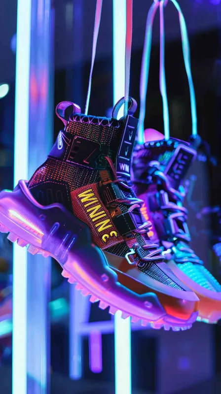 一双未来的球鞋，标志是“WIN3"要和鞋的整体设计自然融合，有一些机械的赛伯朋克风格，颜色要鲜艳多彩一些，看上去很时髦和未来感球鞋悬空在橱窗里，背景极简纯色 - AI绘画作品展示 | Midjourney中文版生成