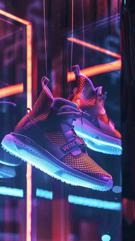 一双未来的球鞋，标志是“WIN3"要和鞋的整体设计自然融合，有一些机械的赛伯朋克风格，颜色要鲜艳多彩一些，看上去很时髦和未来感球鞋悬空在橱窗里，背景极简纯色 - AI绘画作品展示 | Midjourney中文版生成