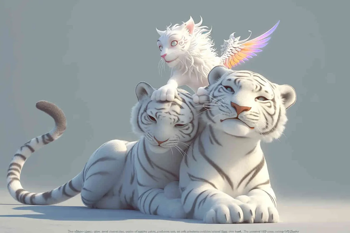 Two white tigers, the female tiger stands up and leans against the male tiger, with a white little dragon on her head，white background, natural light, 3D, C4D, Blender, OC renderer - style2部分