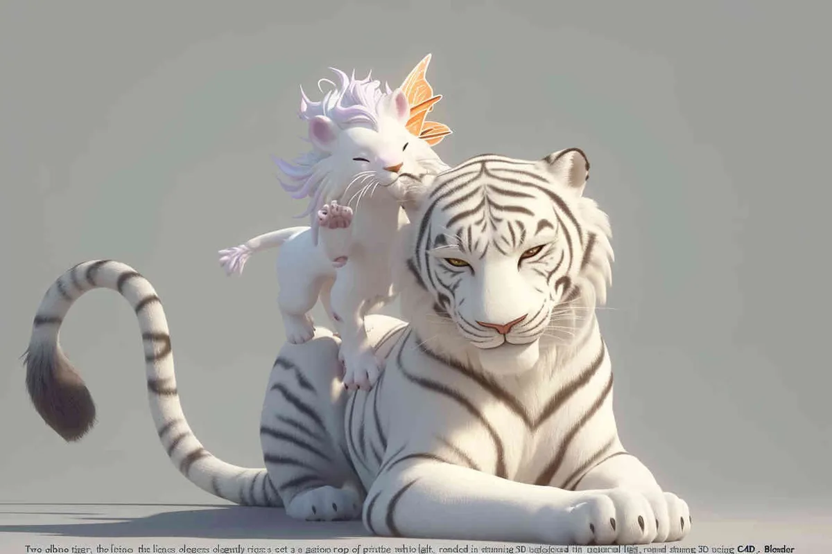 Two white tigers, the female tiger stands up and leans against the male tiger, with a white little dragon on her head，white background, natural light, 3D, C4D, Blender, OC renderer - style3部分